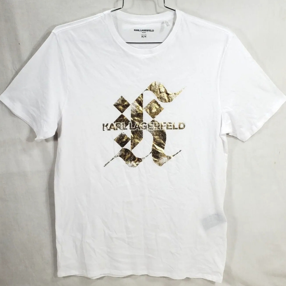 Karl Lagerfeld Gold Logo Graphic Shirt Soft WHT Cotton Mens Medium Summer Spring